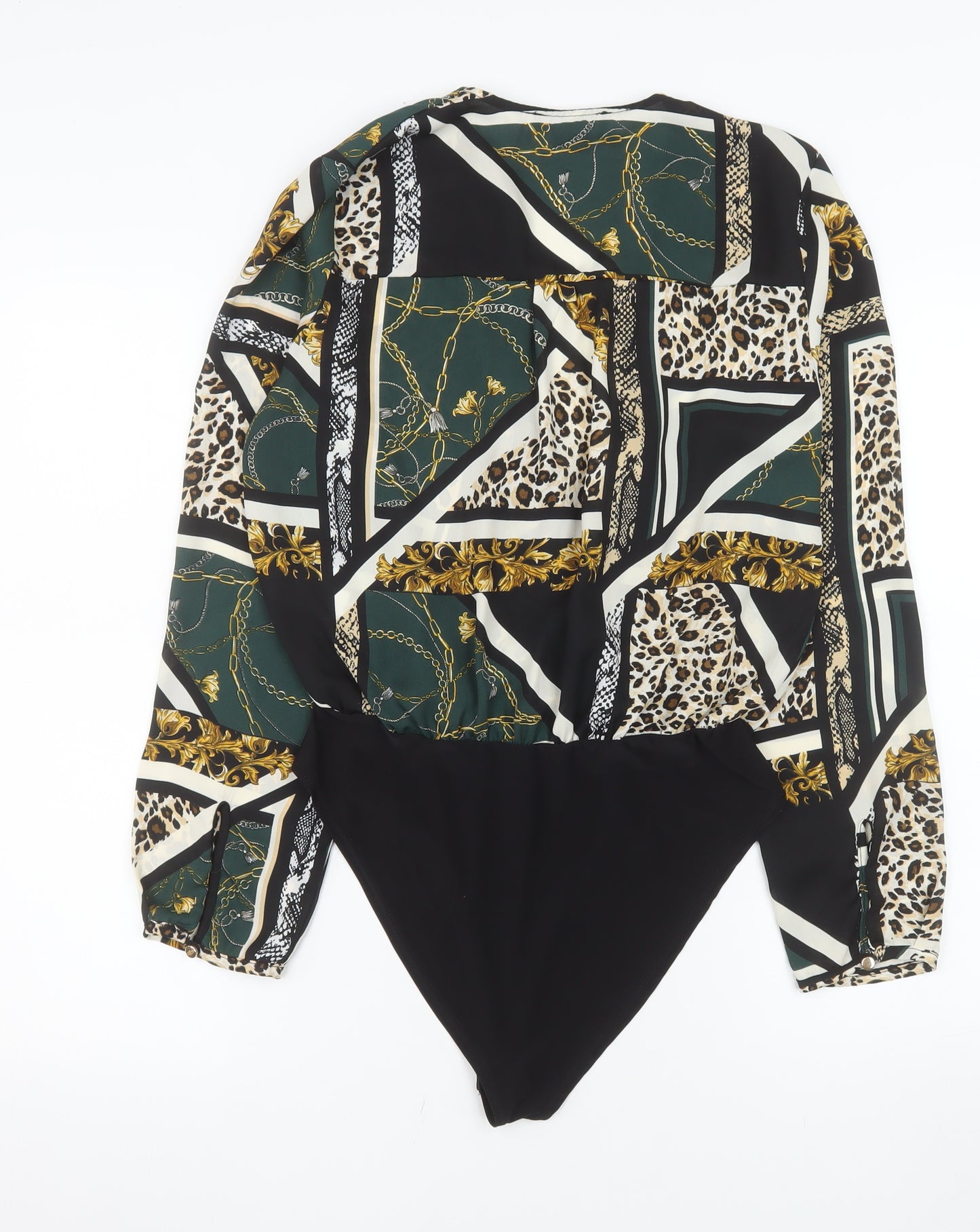 Primark Women’s Black Multi Print Bodysuit Size 12 Polyester Blend Long Sleeve