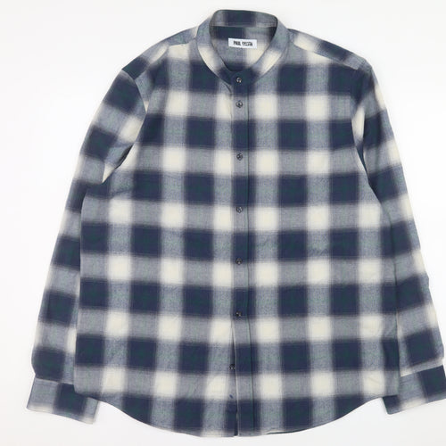 Paul Galvin Men's Blue Check Band Collar Button-Up Shirt XL