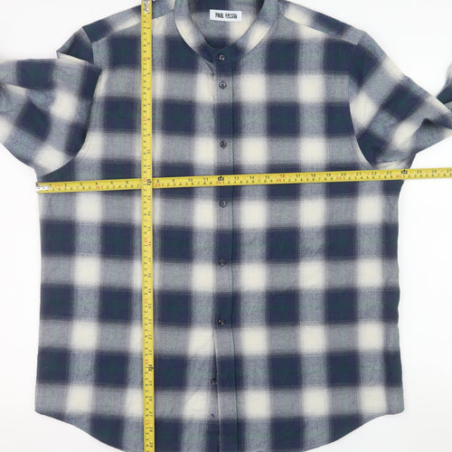 Paul Galvin Men's Blue Check Band Collar Button-Up Shirt XL