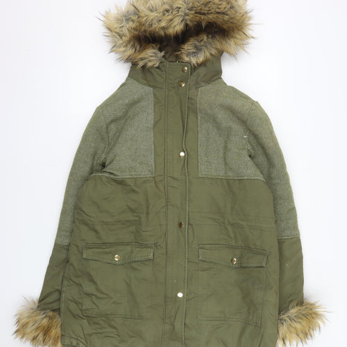 Influence Womens Green Faux Fur Hooded Parka Coat Size 14