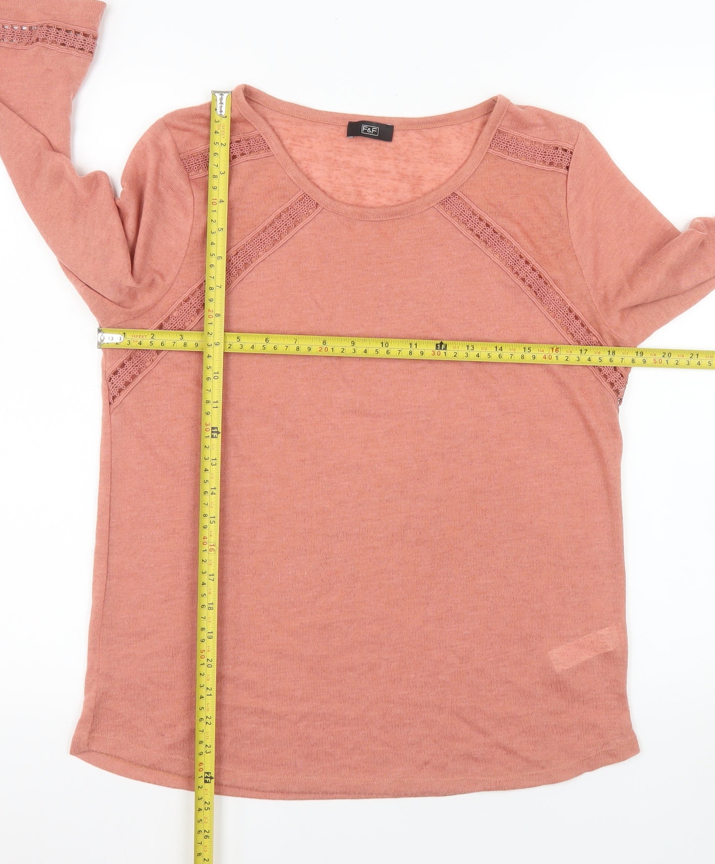 F&F Women’s Pink Crochet Detail 3/4 Sleeve Pullover Jumper Size 12