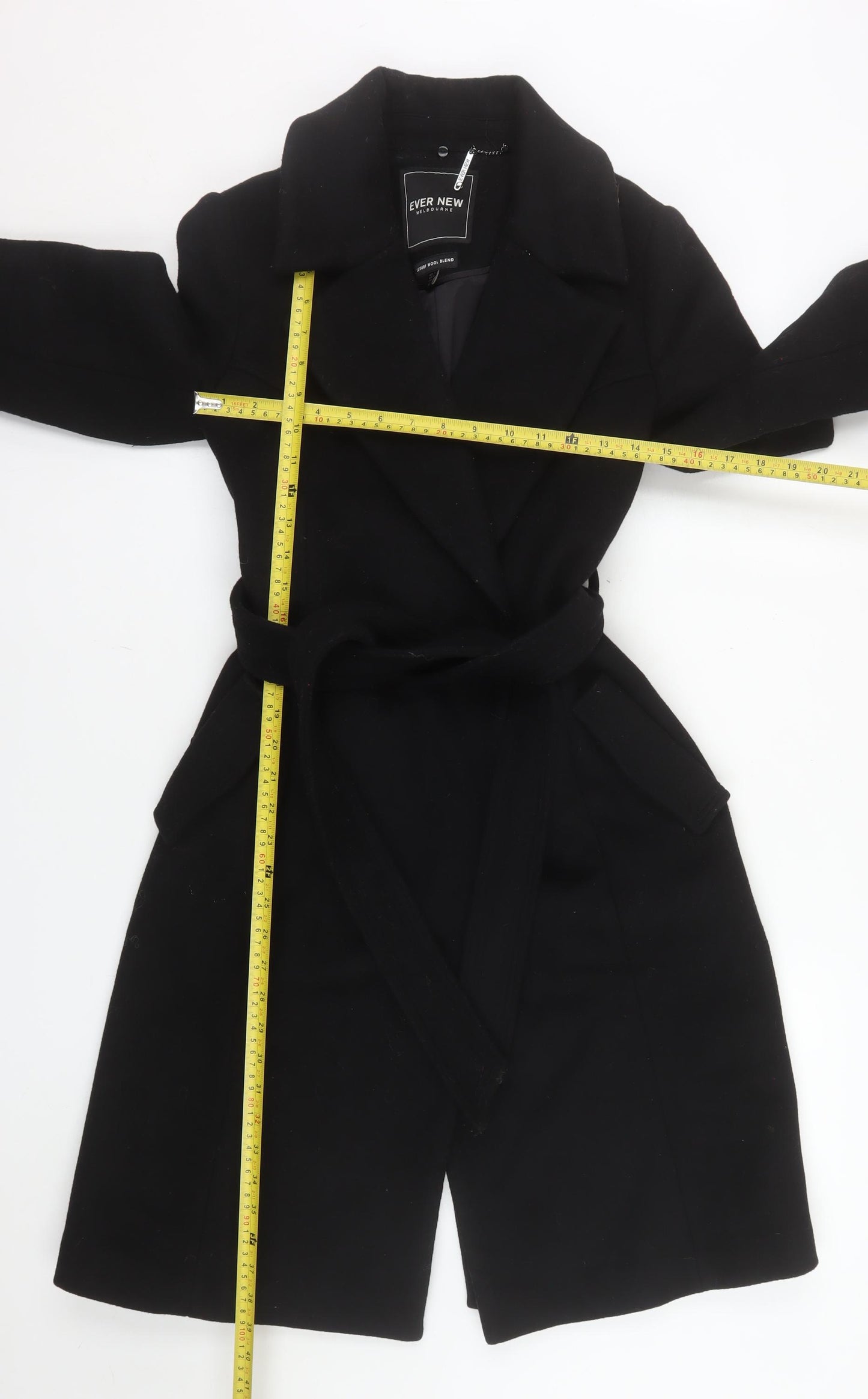 Ever New Black Wool Blend Belted Long Coat Women Size 8 Classic Style