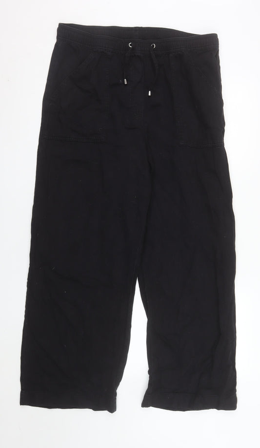 New Look Women Black Cropped Denim Cotton Drawstring Trousers Size 16