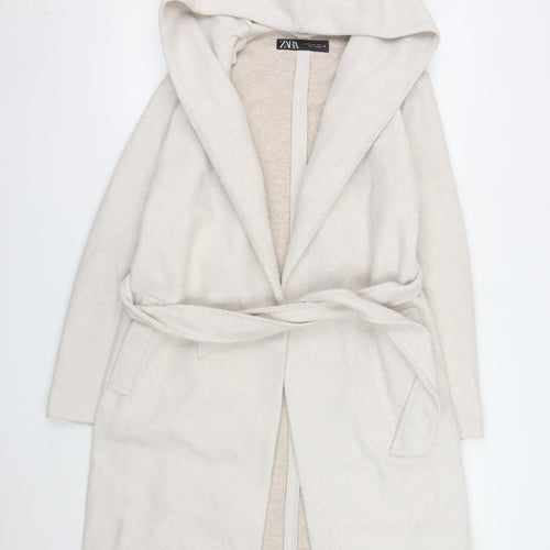 Zara Women Ivory Wool Blend Hooded Belted Coatigan XS