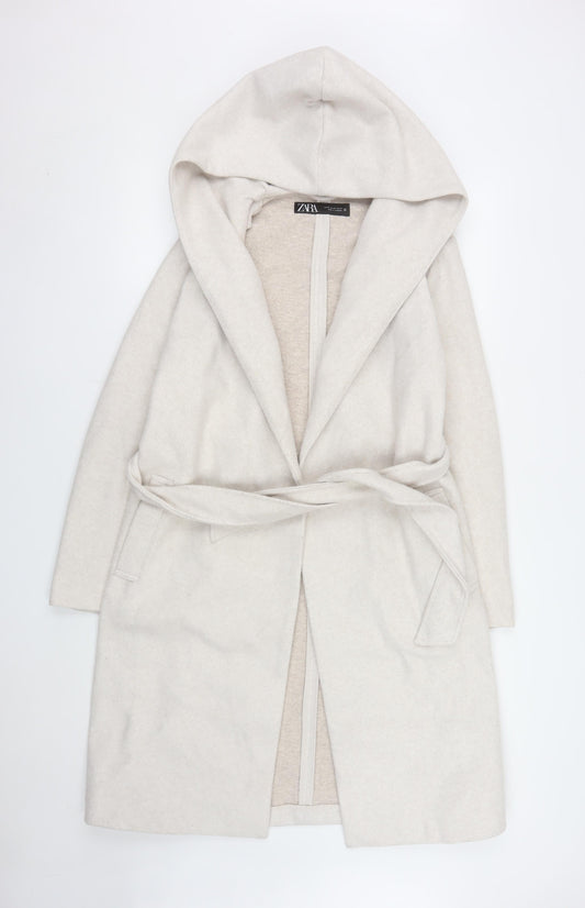 Zara Women Ivory Wool Blend Hooded Belted Coatigan XS