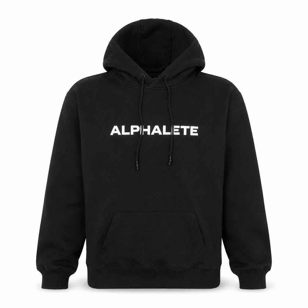 Front view of Alphalete Men's Black Pullover Hoodie L Gym Training Fleece