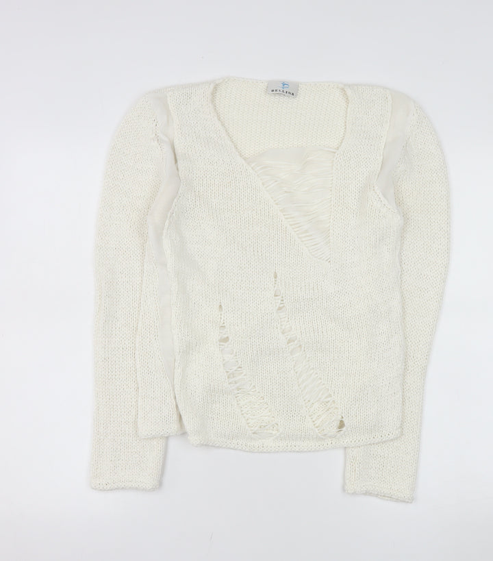 Bellina Women Ivory V-Neck Knit Pullover Jumper Size L