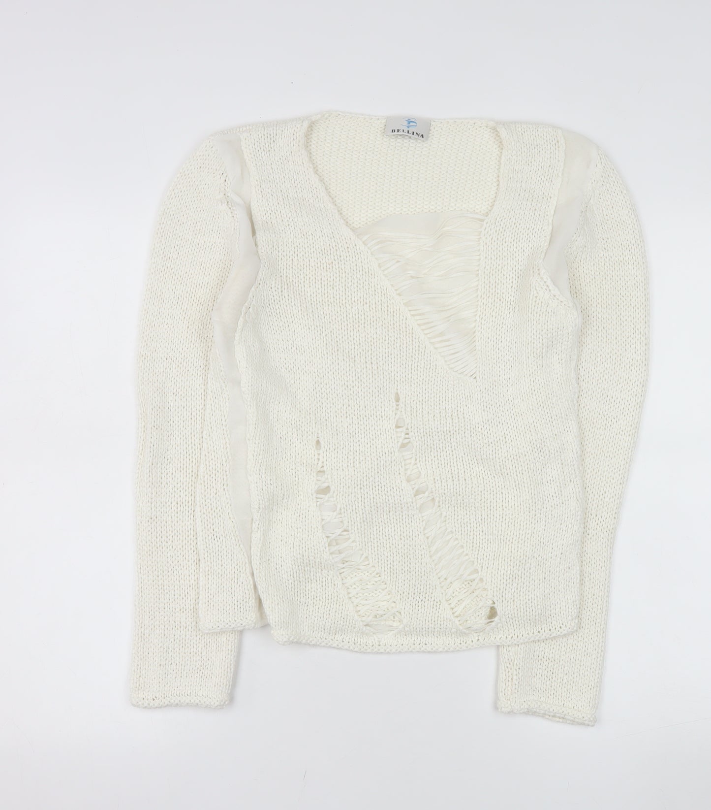 Bellina Women Ivory V-Neck Knit Pullover Jumper Size L