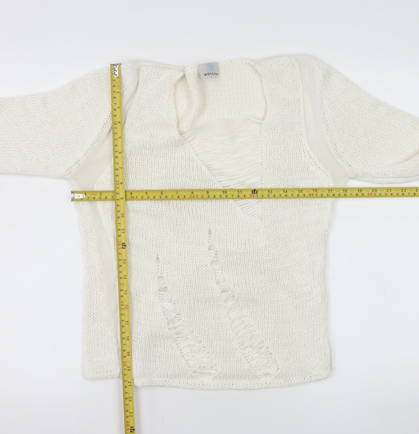Bellina Women Ivory V-Neck Knit Pullover Jumper Size L