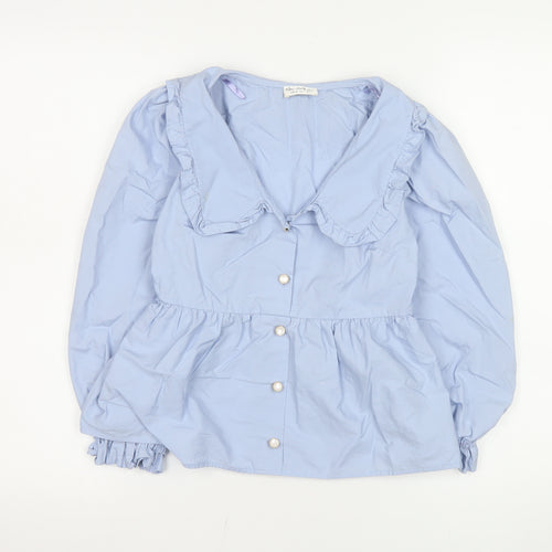 Miss Selfridge Women Blue Ruffle Collar Cotton Blouse Size 6