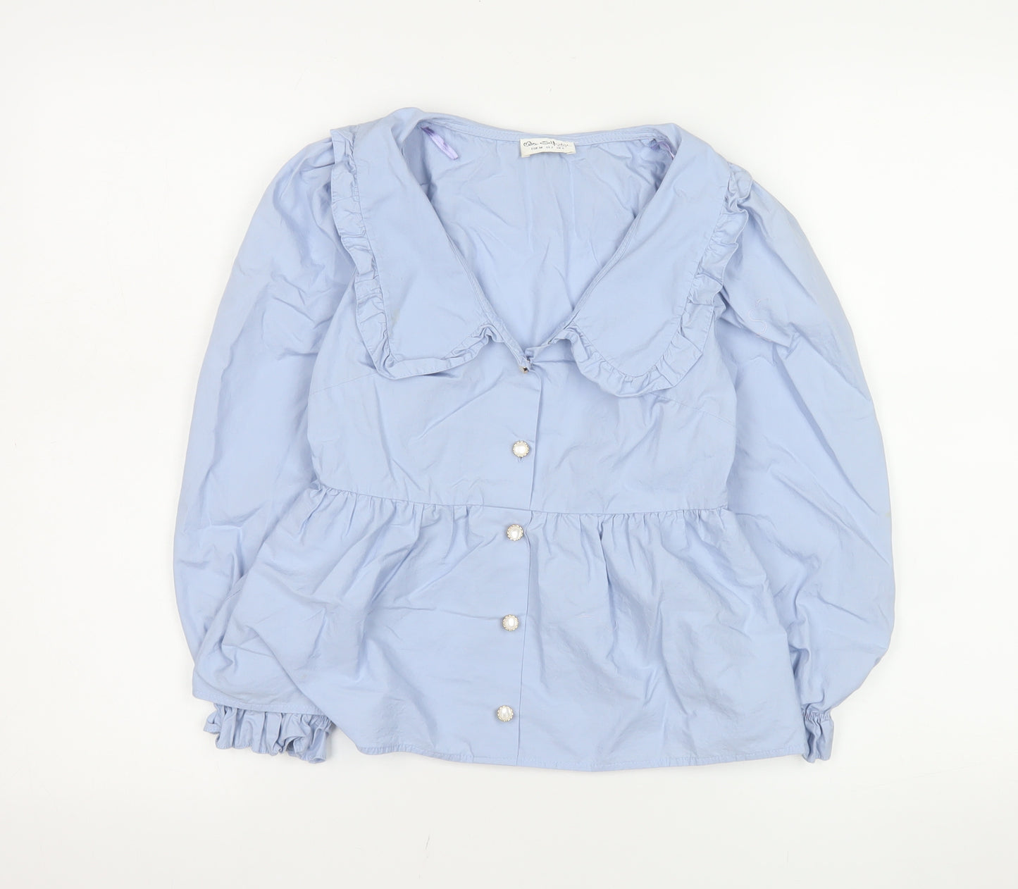 Miss Selfridge Women Blue Ruffle Collar Cotton Blouse Size 6