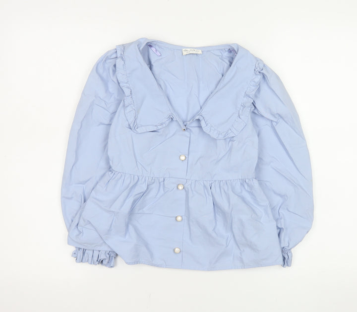 Miss Selfridge Women Blue Ruffle Collar Cotton Blouse Size 6