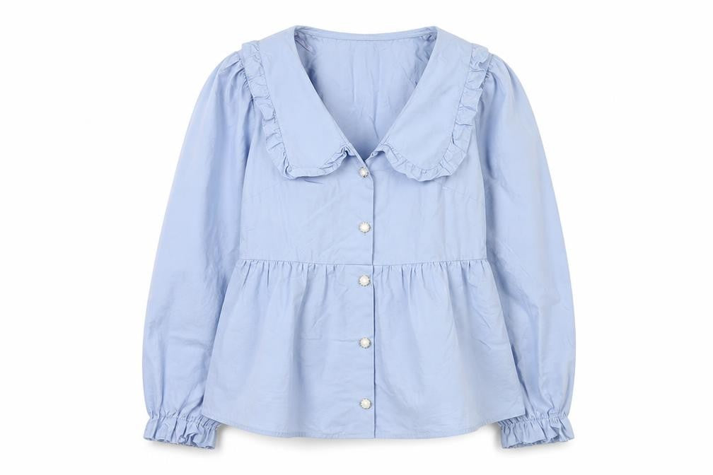 Front view of Miss Selfridge Women Blue Ruffle Collar Cotton Blouse, size 6