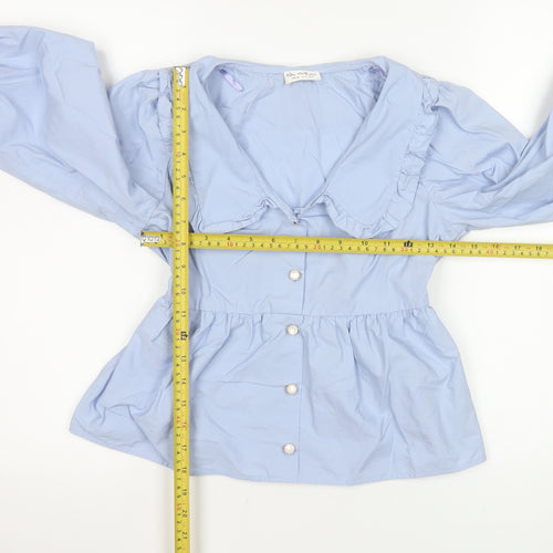 Miss Selfridge Women Blue Ruffle Collar Cotton Blouse Size 6