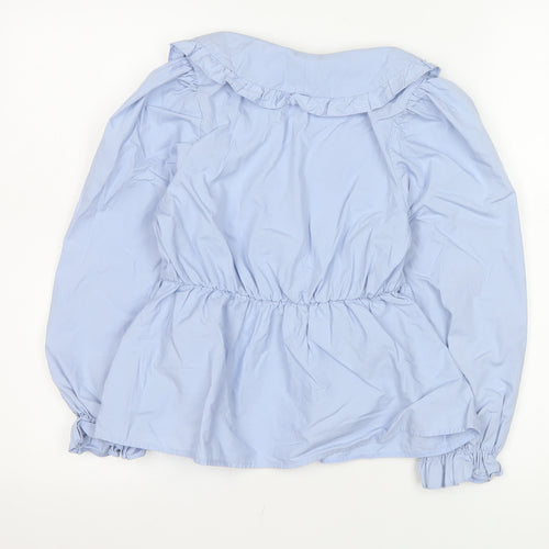 Miss Selfridge Women Blue Ruffle Collar Cotton Blouse Size 6