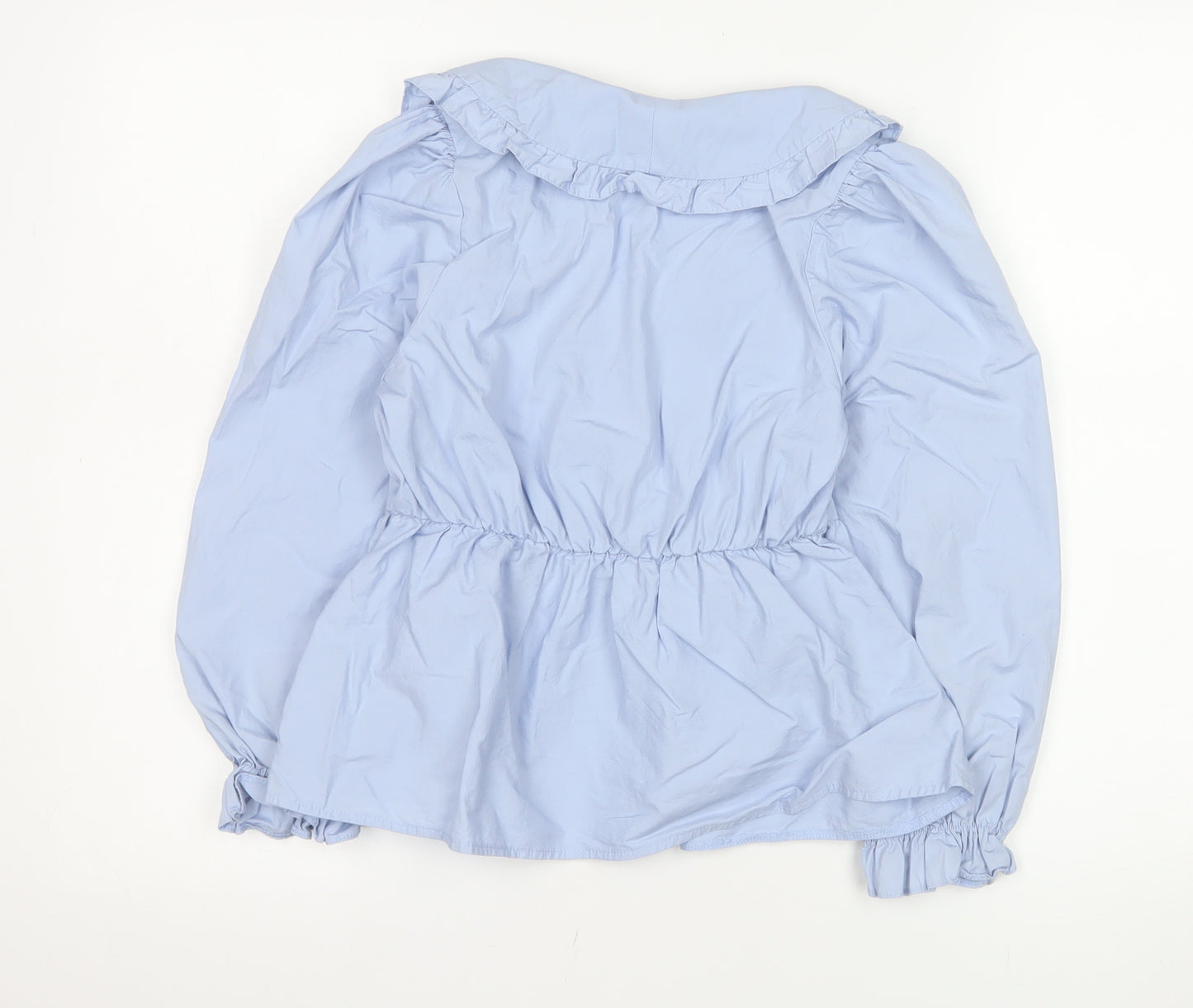 Miss Selfridge Women Blue Ruffle Collar Cotton Blouse Size 6
