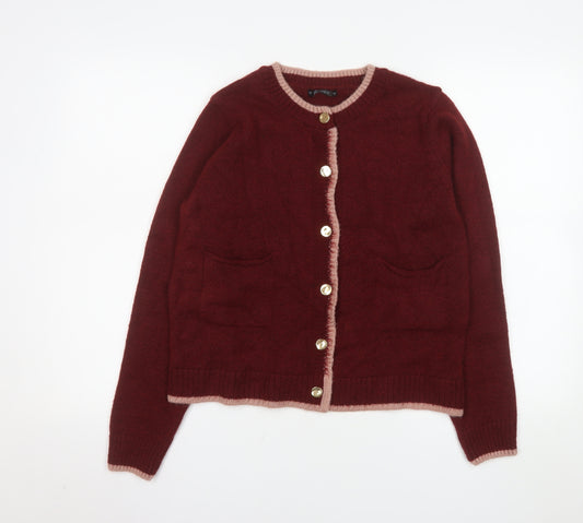 Dunnes Stores Women's Burgundy Cardigan Small Crew Neck Acrylic Blend