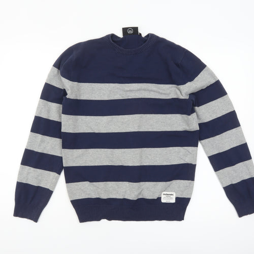 McKenzie Men's Blue Grey Striped Cotton Crew Neck Jumper M