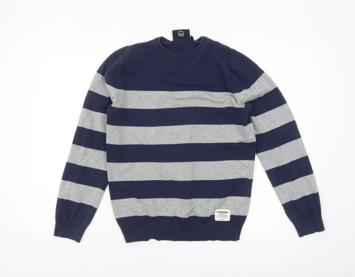 McKenzie Men's Blue Grey Striped Cotton Crew Neck Jumper M