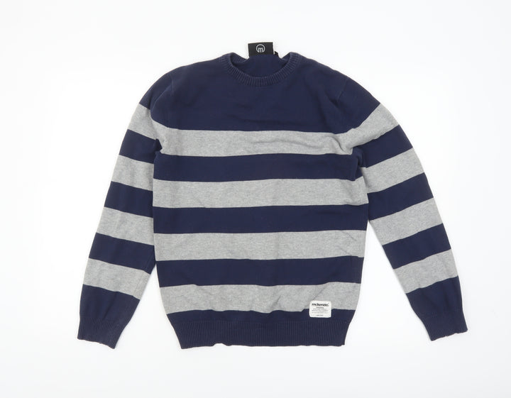 McKenzie Men's Blue Grey Striped Cotton Crew Neck Jumper M