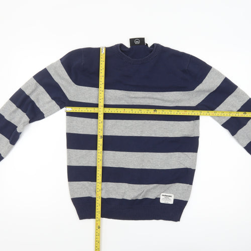 McKenzie Men's Blue Grey Striped Cotton Crew Neck Jumper M