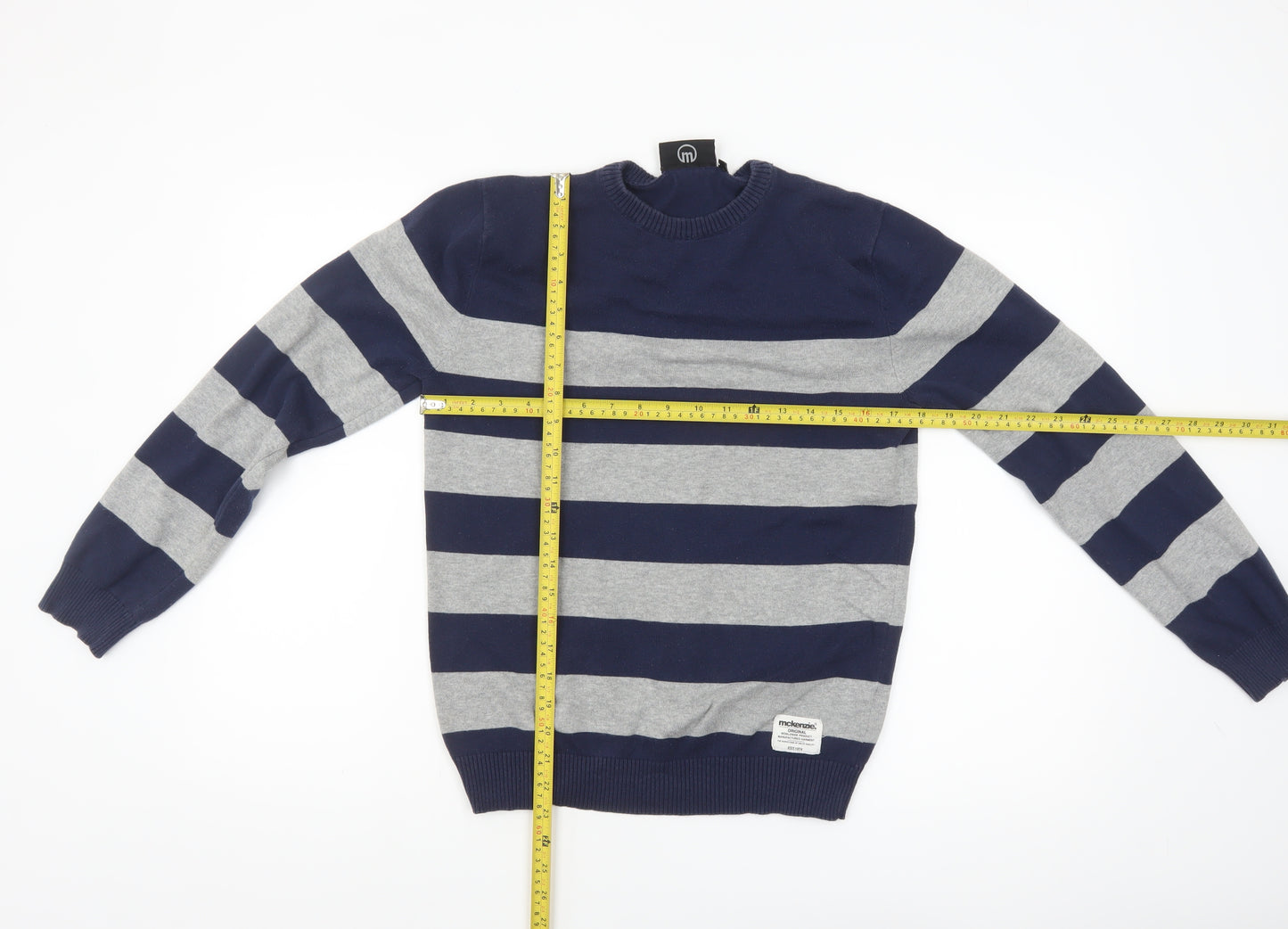 McKenzie Men's Blue Grey Striped Cotton Crew Neck Jumper M