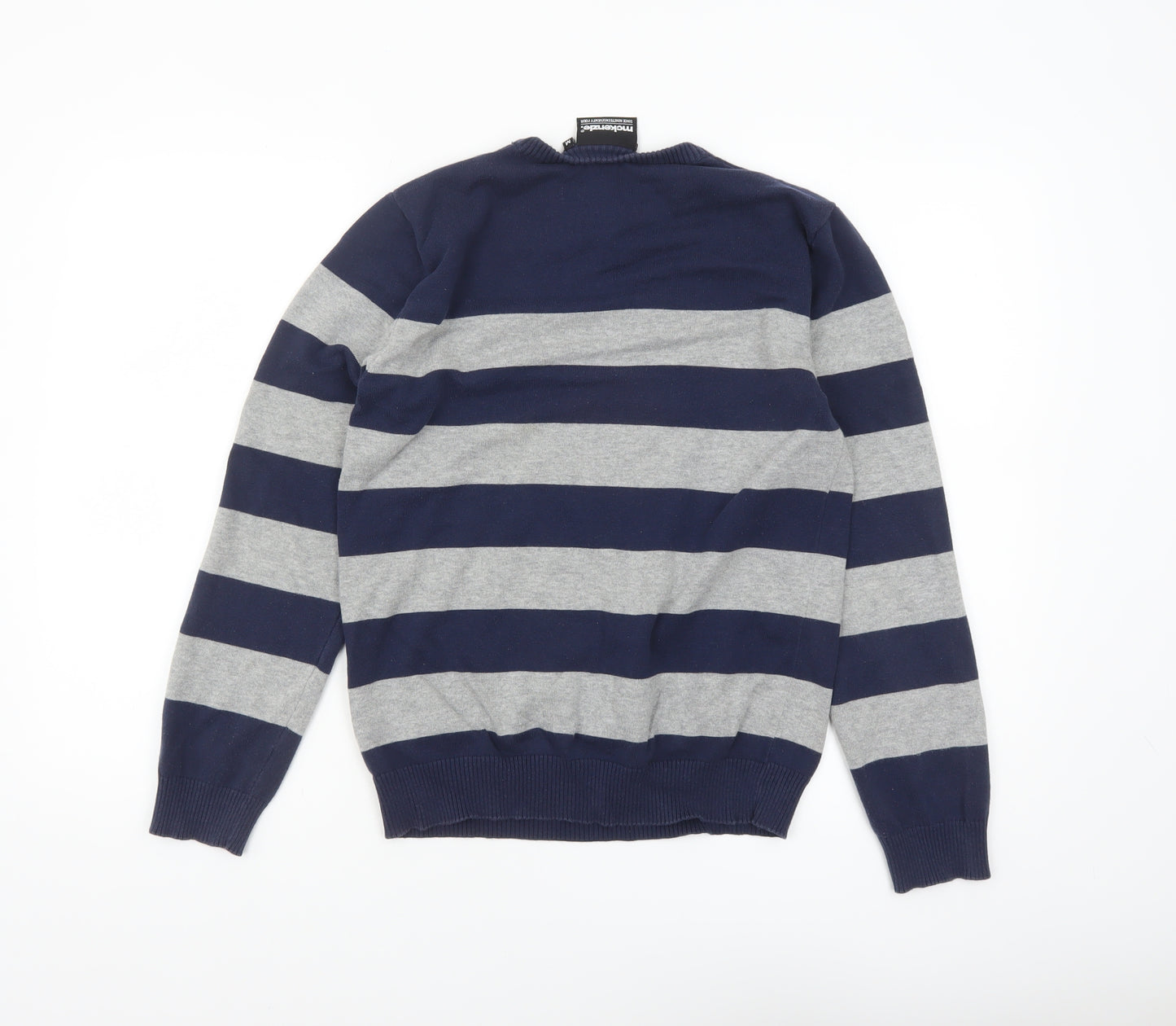 McKenzie Men's Blue Grey Striped Cotton Crew Neck Jumper M