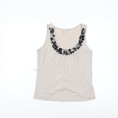H&M Women's Beige Beaded Scoop Neck Viscose Tank Top Size 8