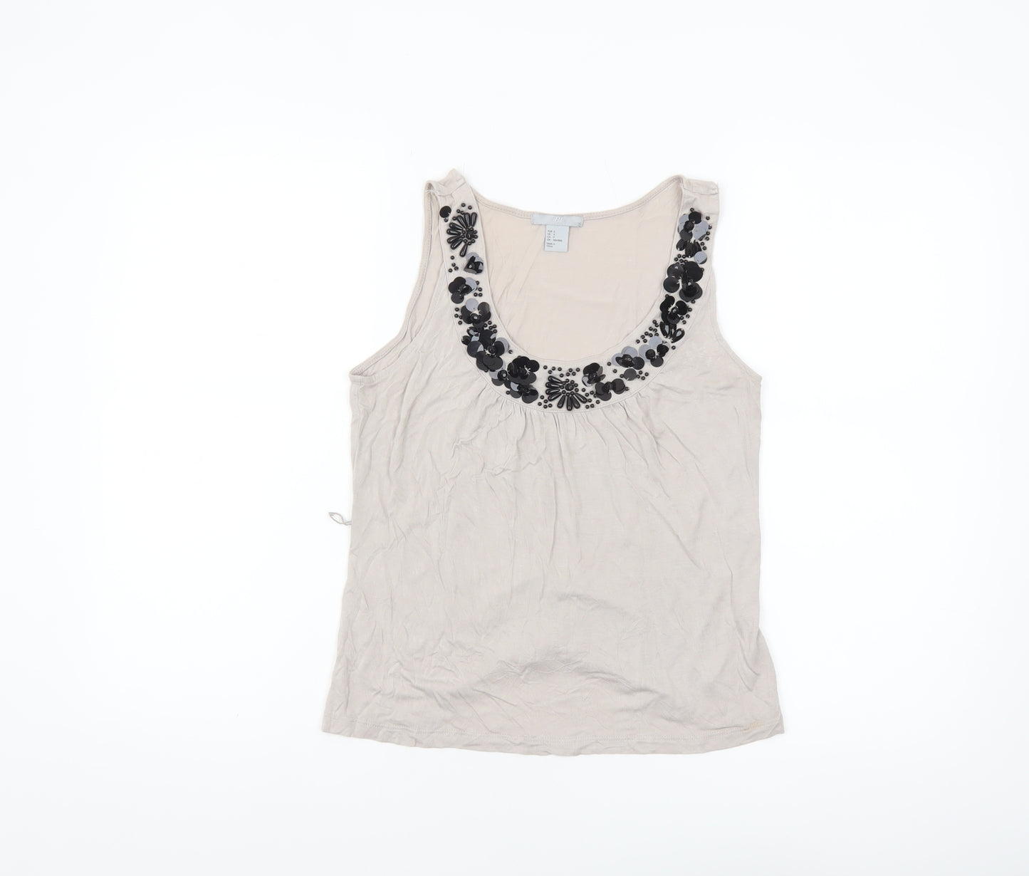 H&M Women's Beige Beaded Scoop Neck Viscose Tank Top Size 8