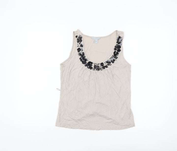 H&M Women's Beige Beaded Scoop Neck Viscose Tank Top Size 8