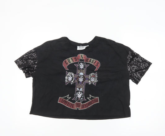 Guns N' Roses Women's Black Sequin Sleeve Cropped T-Shirt UK 14