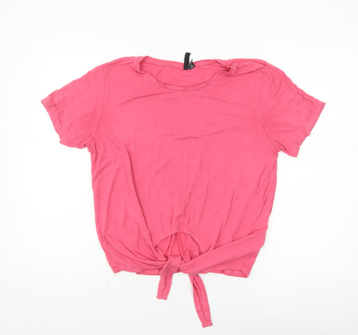 Pieces Women’s Pink Cropped Tie Front T-Shirt XL Viscose Blend