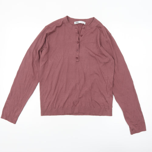 ZARA Womens Mauve Henley Jumper Medium Long Sleeve Knit