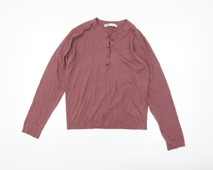 ZARA Womens Mauve Henley Jumper Medium Long Sleeve Knit