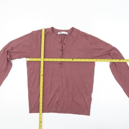 ZARA Womens Mauve Henley Jumper Medium Long Sleeve Knit