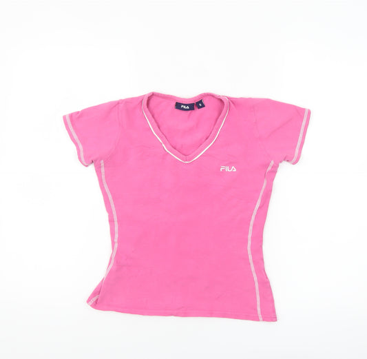 FILA Womens Pink V-Neck Slim Fit Short Sleeve T-Shirt Size 8