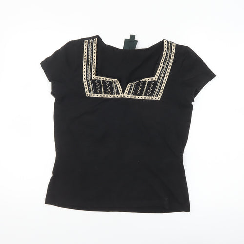 Laura Ashley Women's Black Embroidered Cotton Stretch T-Shirt M