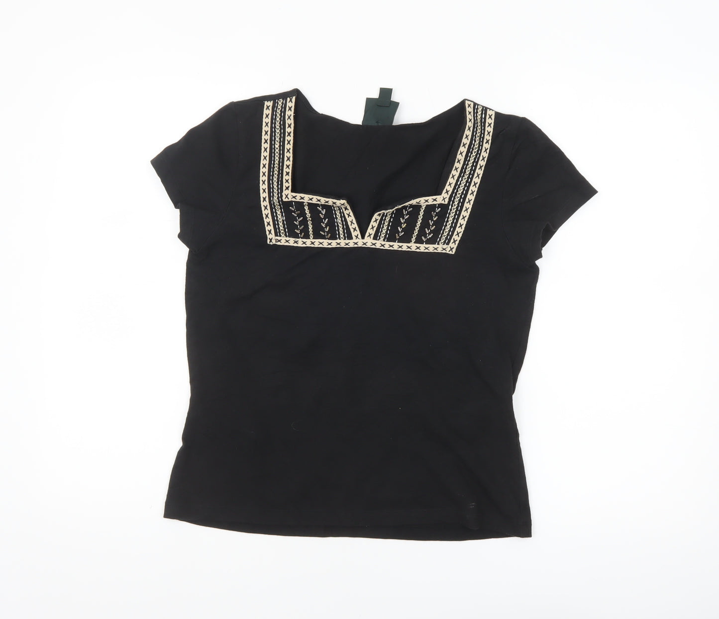 Laura Ashley Women's Black Embroidered Cotton Stretch T-Shirt M