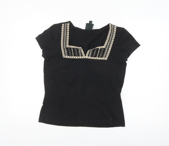 Laura Ashley Women's Black Embroidered Cotton Stretch T-Shirt M