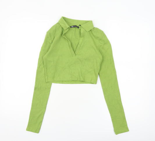 ZARA Women's Green Cropped Collared Long Sleeve Top Size S