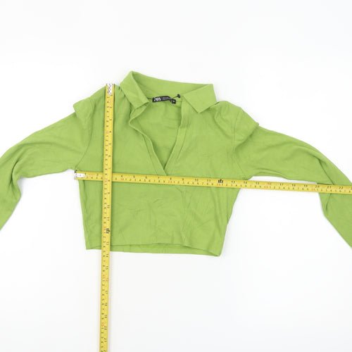 ZARA Women's Green Cropped Collared Long Sleeve Top Size S