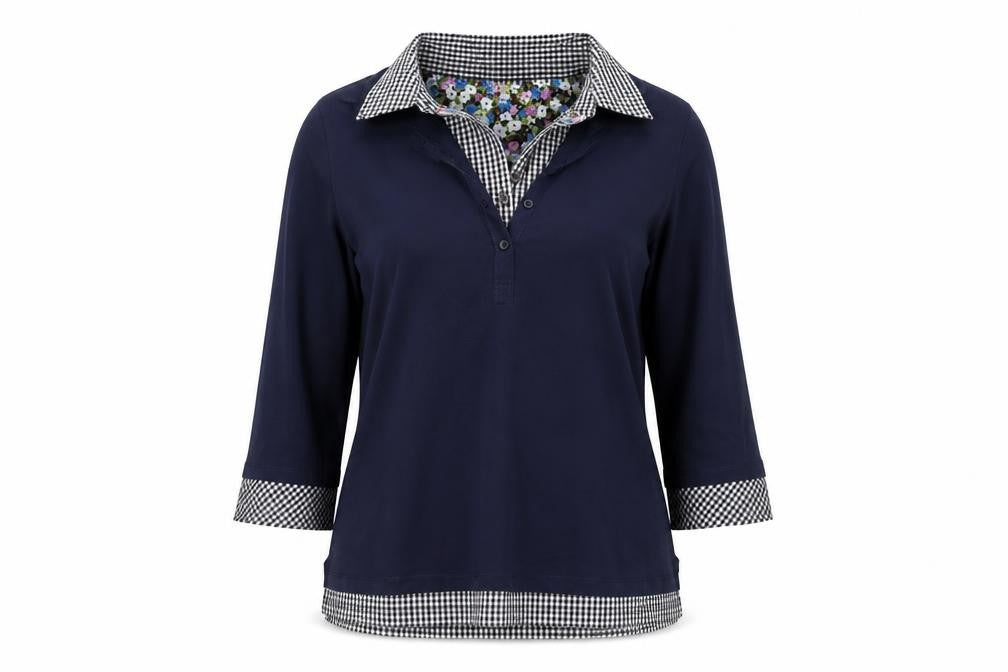 Front view of Cotton Traders Women's Navy Blue 3/4 Sleeve Collared Tunic Shirt, size 10