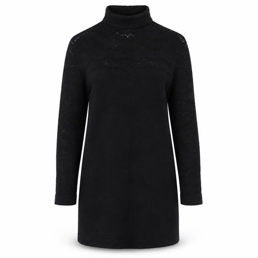 Front view of Savida women’s black long sleeve high neck tunic blouse, size UK 12