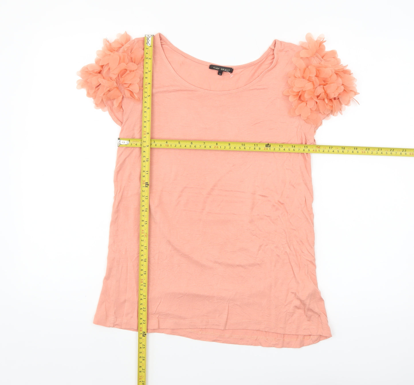River Island Women's Pink Ruffle Sleeve Viscose T-Shirt Size 14