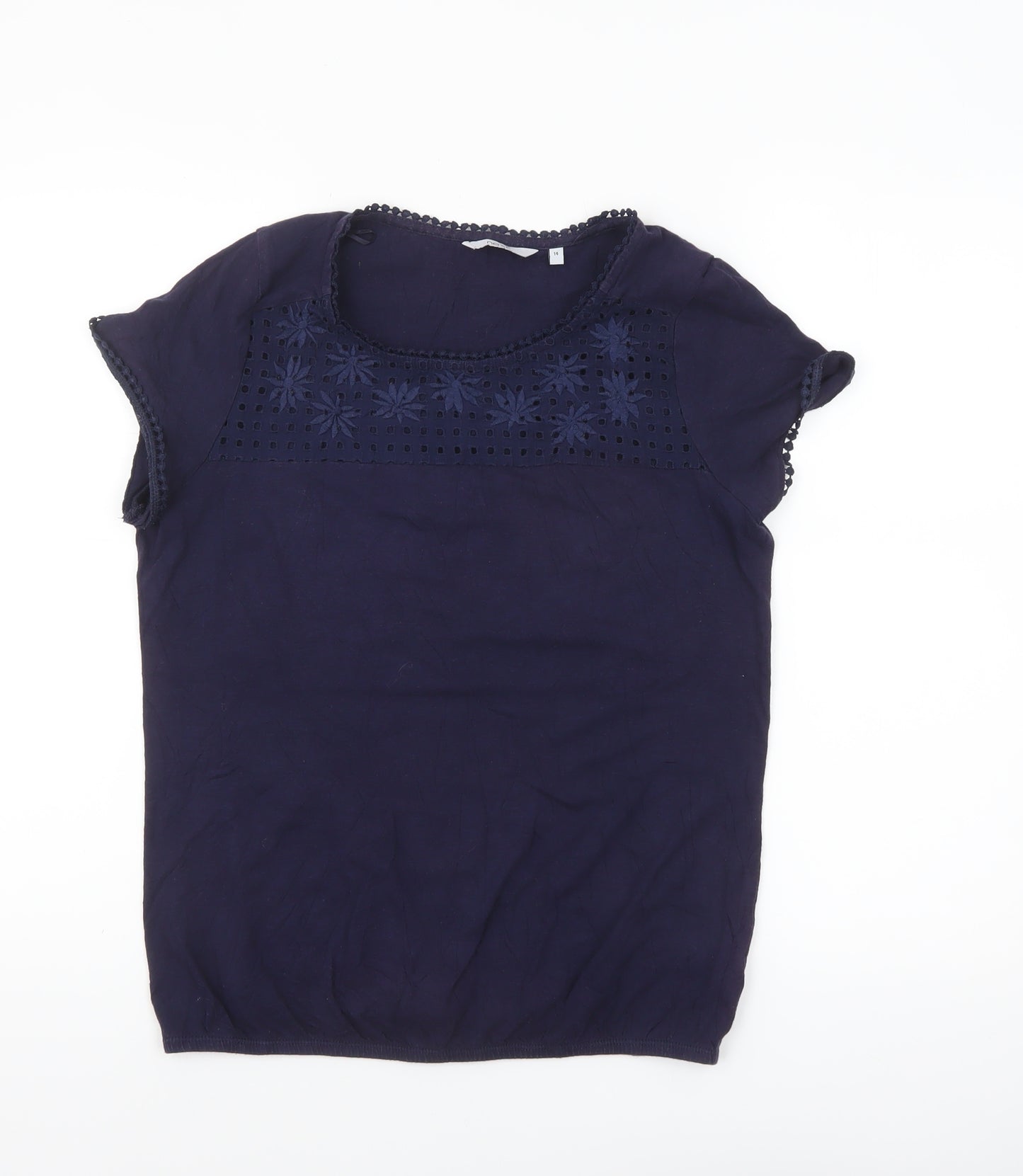 Next Women Blue Embroidered Cotton Short Sleeve Blouse Size 14