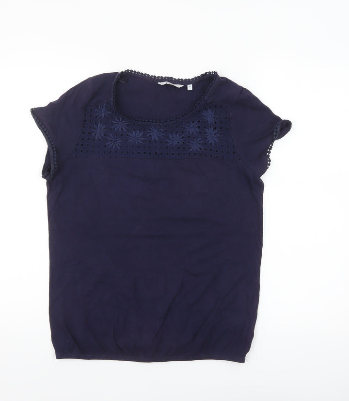 Next Women Blue Embroidered Cotton Short Sleeve Blouse Size 14