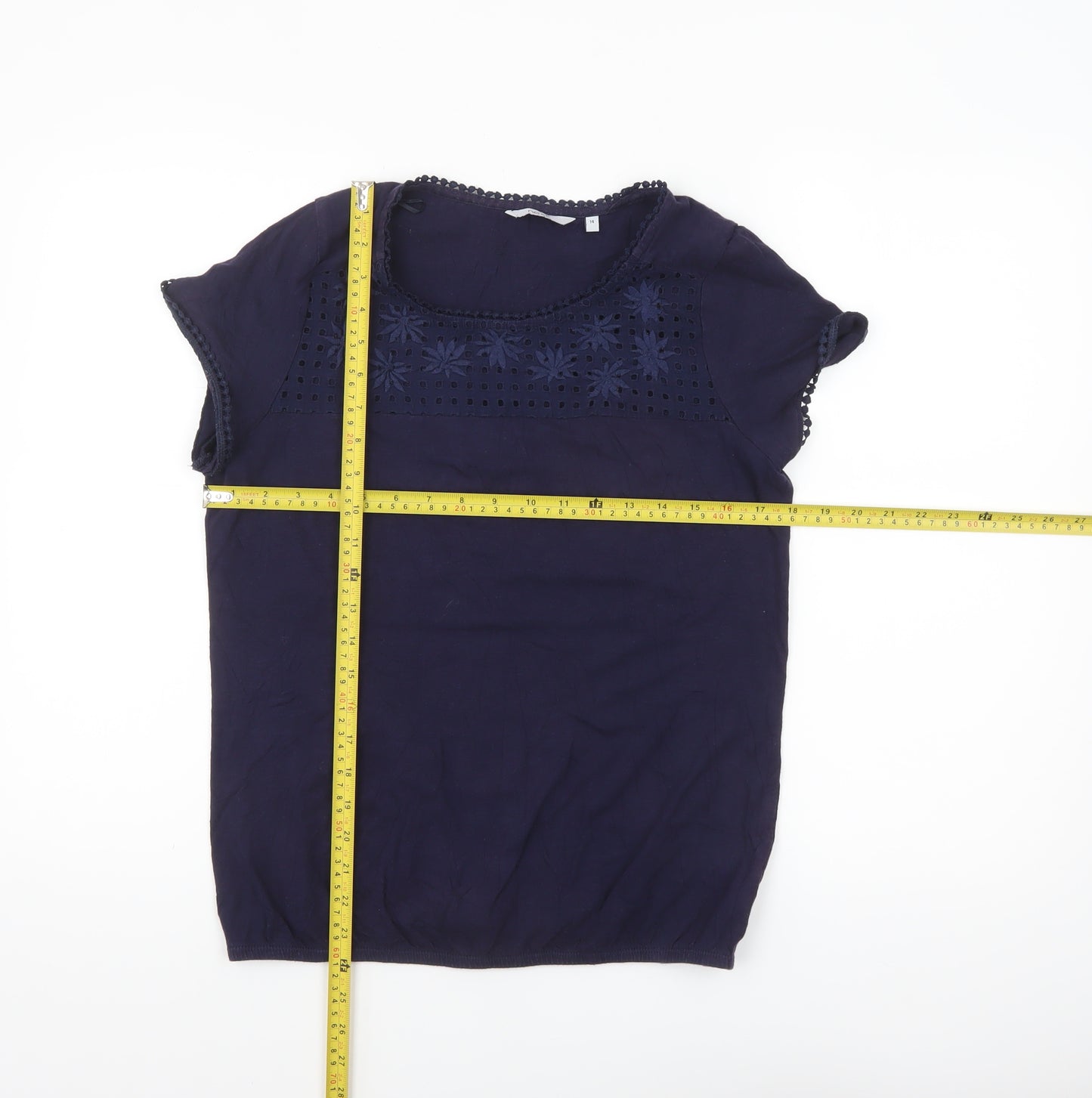 Next Women Blue Embroidered Cotton Short Sleeve Blouse Size 14