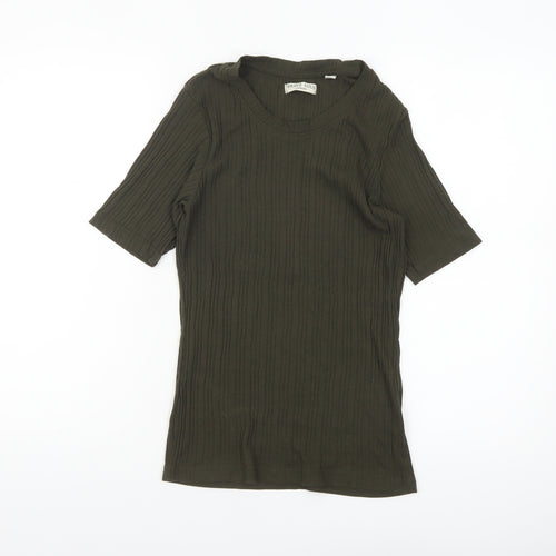 Brave Soul Women's Green Ribbed V-Neck Short Sleeve T-Shirt L