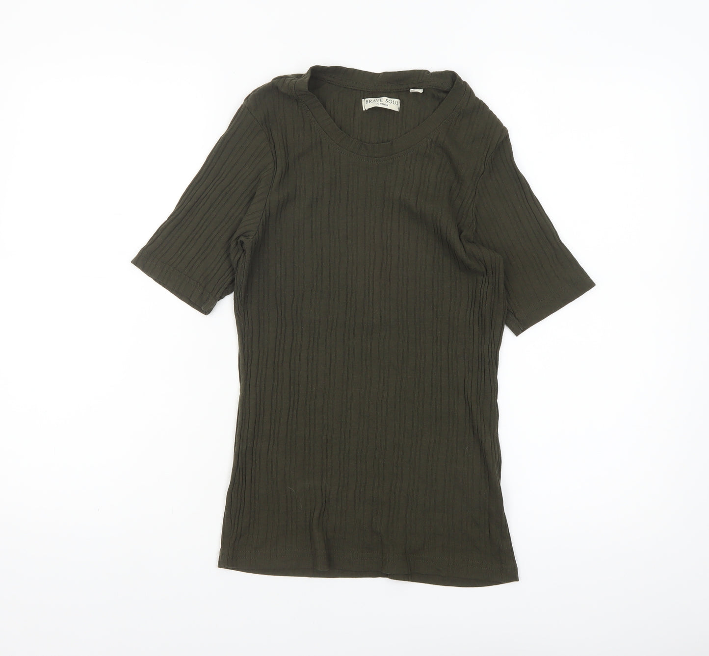 Brave Soul Women's Green Ribbed V-Neck Short Sleeve T-Shirt L