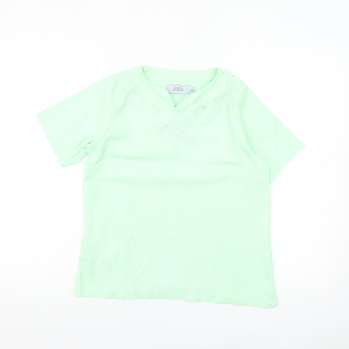 Honor Millburn Women's Green Embroidered V-Neck Cotton T-Shirt Size S